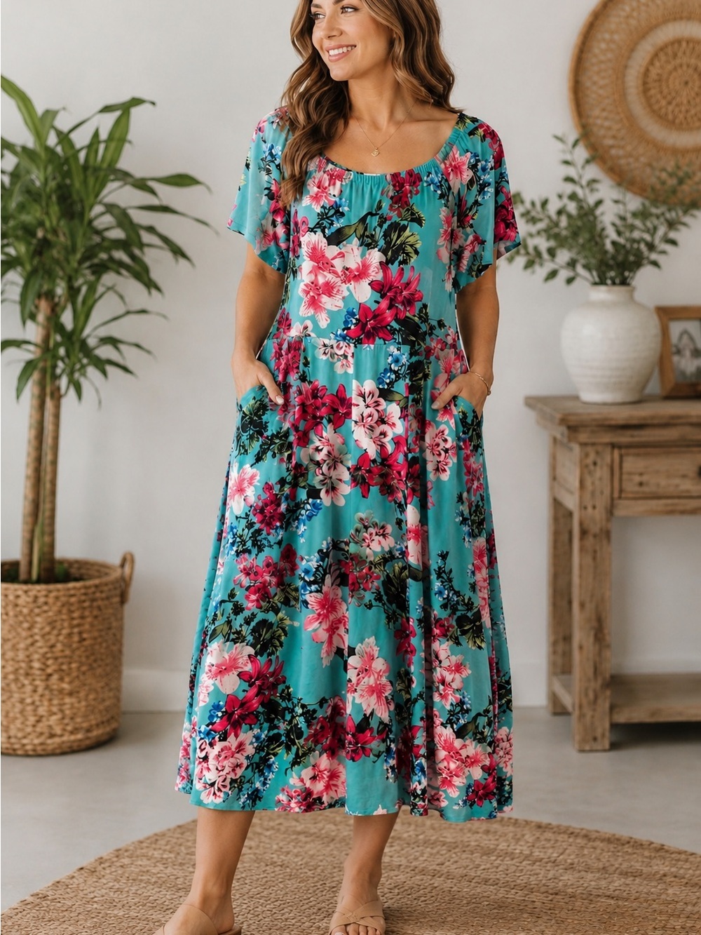MARALLIS Teal Poly/Spandex Floral Scoop-Neck Midi Dress Sz L Feminine Flattering